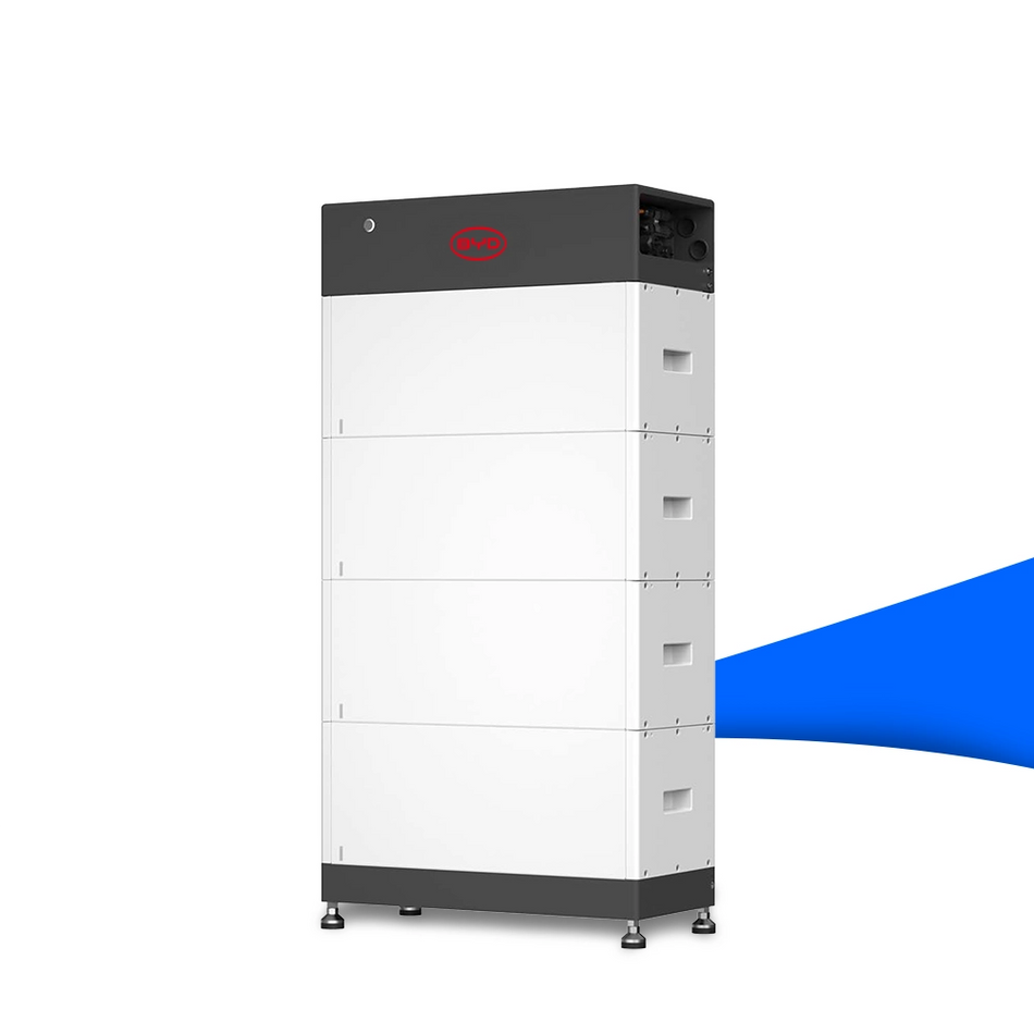 BYD HVS+ 10.2 Battery-Box – modularer Hochvolt-Stromspeicher in weiß-grauem Gehäuse mit rotem BYD-Logo, optimal für Photovoltaikanlagen und Energiespeichersysteme. Erhältlich bei sh24.