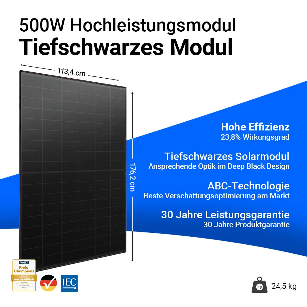 Infobild Aiko 485W Solarmodul Full Black. Hohe Effizienz. Tiefschwarzes Solarmodul. ABC-Technologie. 30 Jahre Leistungsgarantie