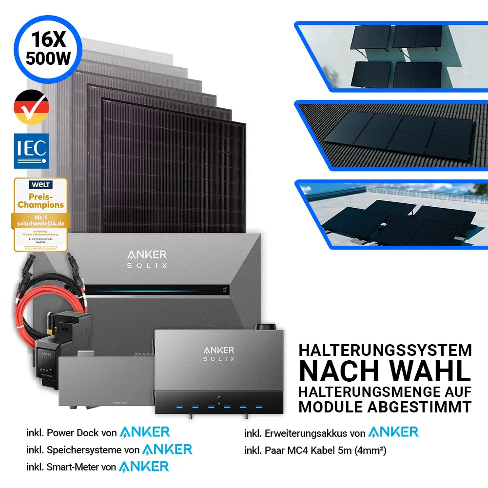 Anker Solix Komplettset mit 16 Jolywood Solarmodulen à 500W (8 kWp), inklusive PowerDock mit integriertem Wechselrichter, Speicher, Erweiterungsakku, Smart-Meter, Kabel und Halterungssystem nach Wahl – erhältlich bei SH24.