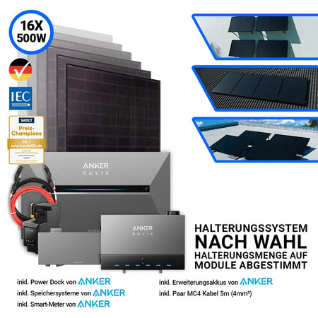 Anker Solix Komplettset mit 16 Jolywood Solarmodulen à 500W (8 kWp), inklusive PowerDock mit integriertem Wechselrichter, Speicher, Erweiterungsakku, Smart-Meter, Kabel und Halterungssystem nach Wahl – erhältlich bei SH24.