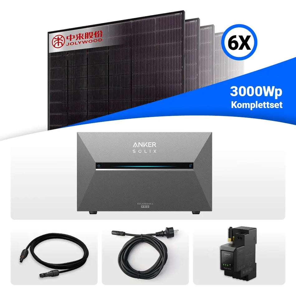3000W Solarkraftwerk mit Speicher - 6x Jolywood 500W Full Black bifazial & Anker Solix Solarbank 3 Pro
