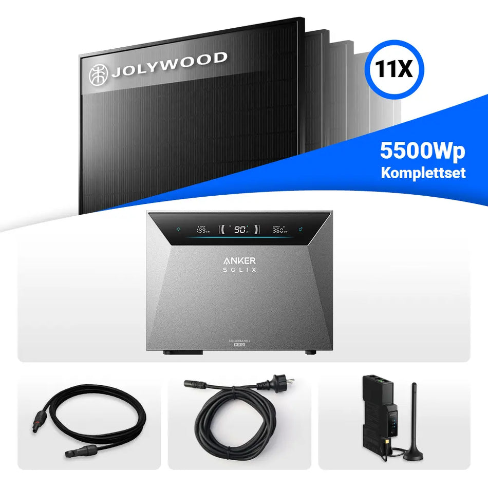 5500W Solarkraftwerk mit Speicher - 11x Jolywood 500W Full Black bifazial & Anker Solix Solarbank 4 Pro