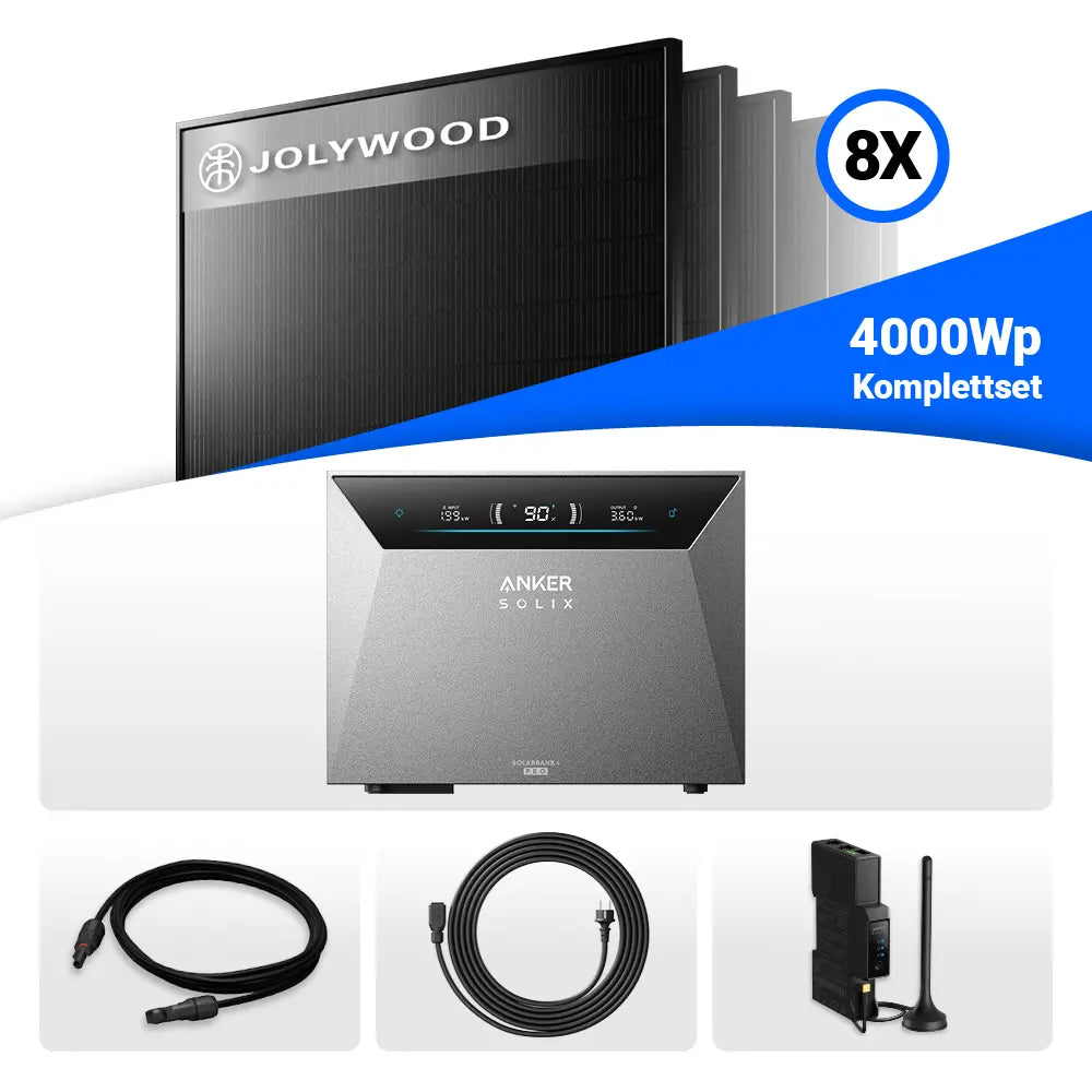 Produktbild - Das Solarkraftwerk 4000 W Set mit Speicher ist eine vollwertige Stecker-Solaranlage mit 4000 W Leistung und einer Speicherkapazität von 5 kWh bis zu 30 kWh.&nbsp;Erzeuge bis zu&nbsp;3600 kWh Strom pro Jahr und spare bis zu 1440 €. Die Amortisation tritt nach 3 – 6 Jahren ein.