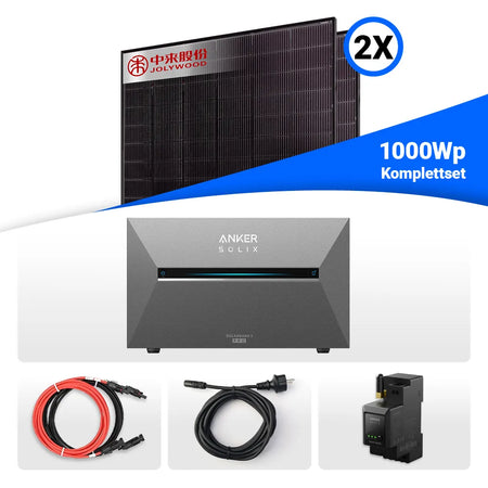 800W/1000W Balkonkraftwerk mit Speicher - 2x Jolywood 500W Full Black bifazial & Anker Solix Solarbank 3 Pro