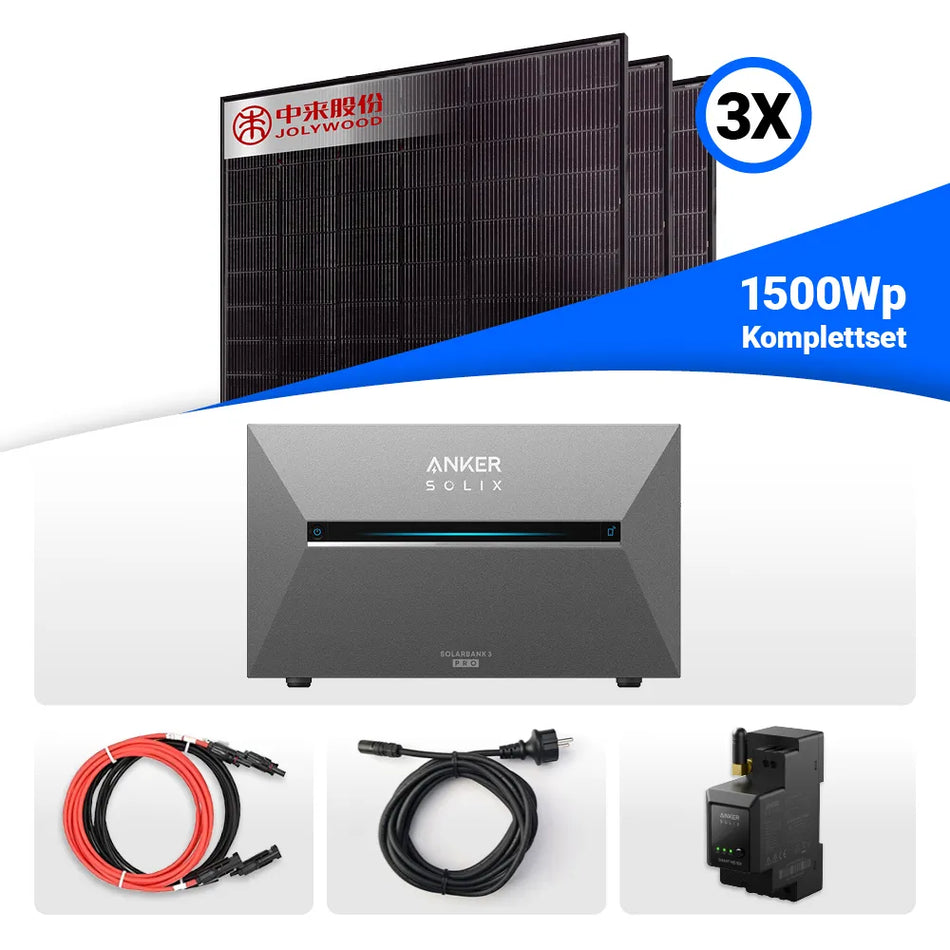 1500W Balkonkraftwerk mit Speicher - 3x Jolywood 500W Full Black bifazial & Anker Solix Solarbank 3 Pro