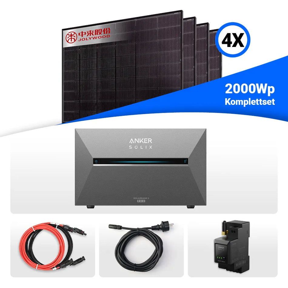 2000W Balkonkraftwerk mit Speicher - 4x Jolywood 500W Full Black bifazial & Anker Solix Solarbank 3 Pro