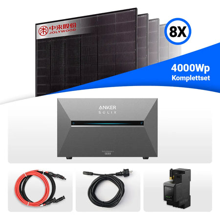 4000W Balkonkraftwerk mit Speicher - 8x Jolywood 500W Full Black bifazial & Anker Solix Solarbank 3 Pro