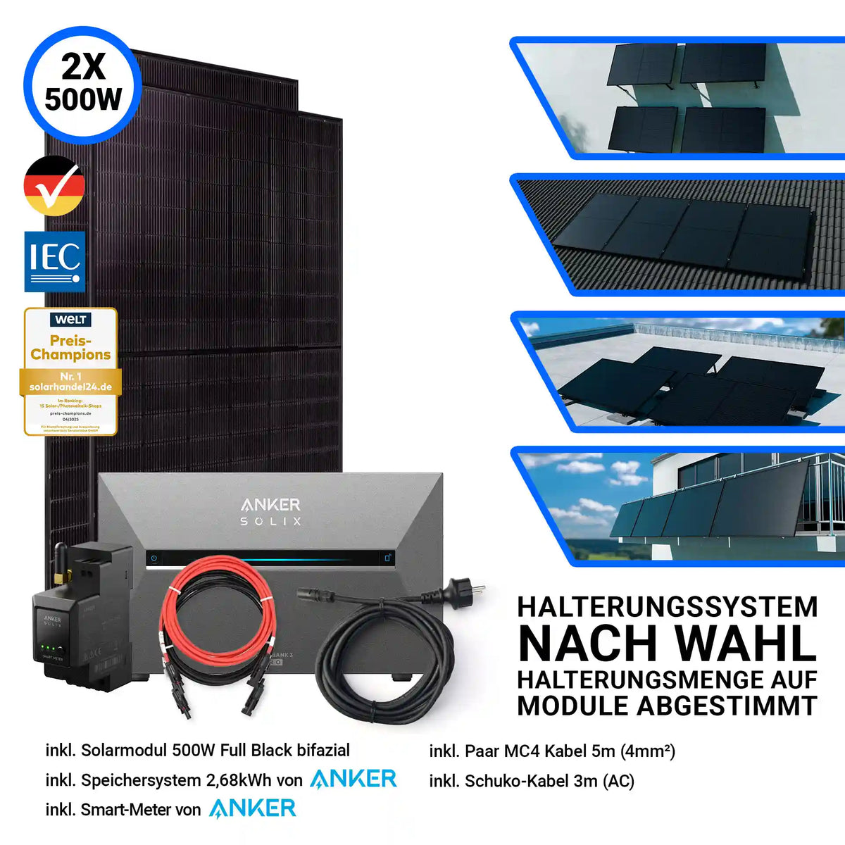 2x Jolywood Solarmodul 500 Watt Halterungssystem nach Wahl Anker Speicher Solix 3 Pro und Kabel 