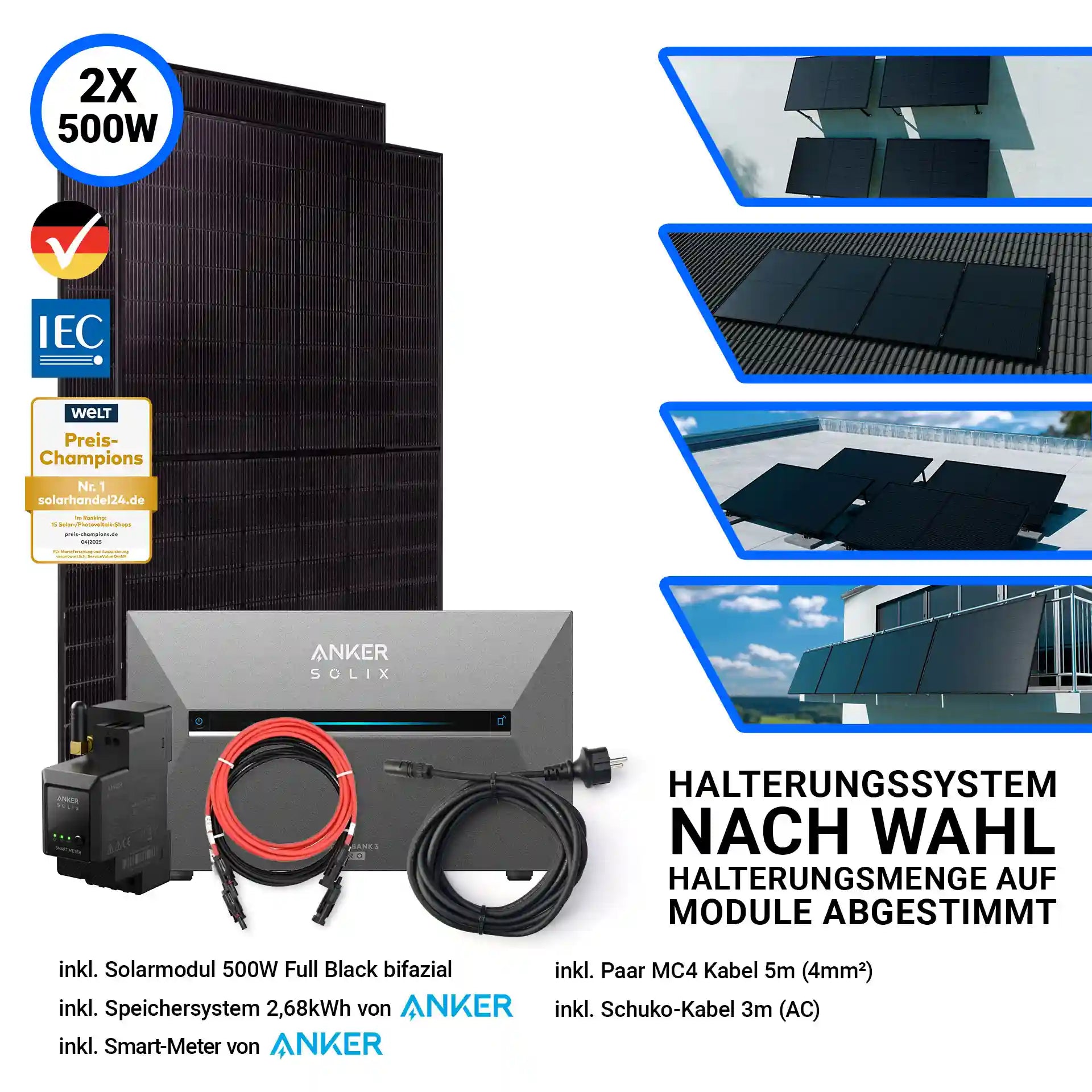 2x Jolywood Solarmodul 500 Watt Halterungssystem nach Wahl Anker Speicher Solix 3 Pro und Kabel 