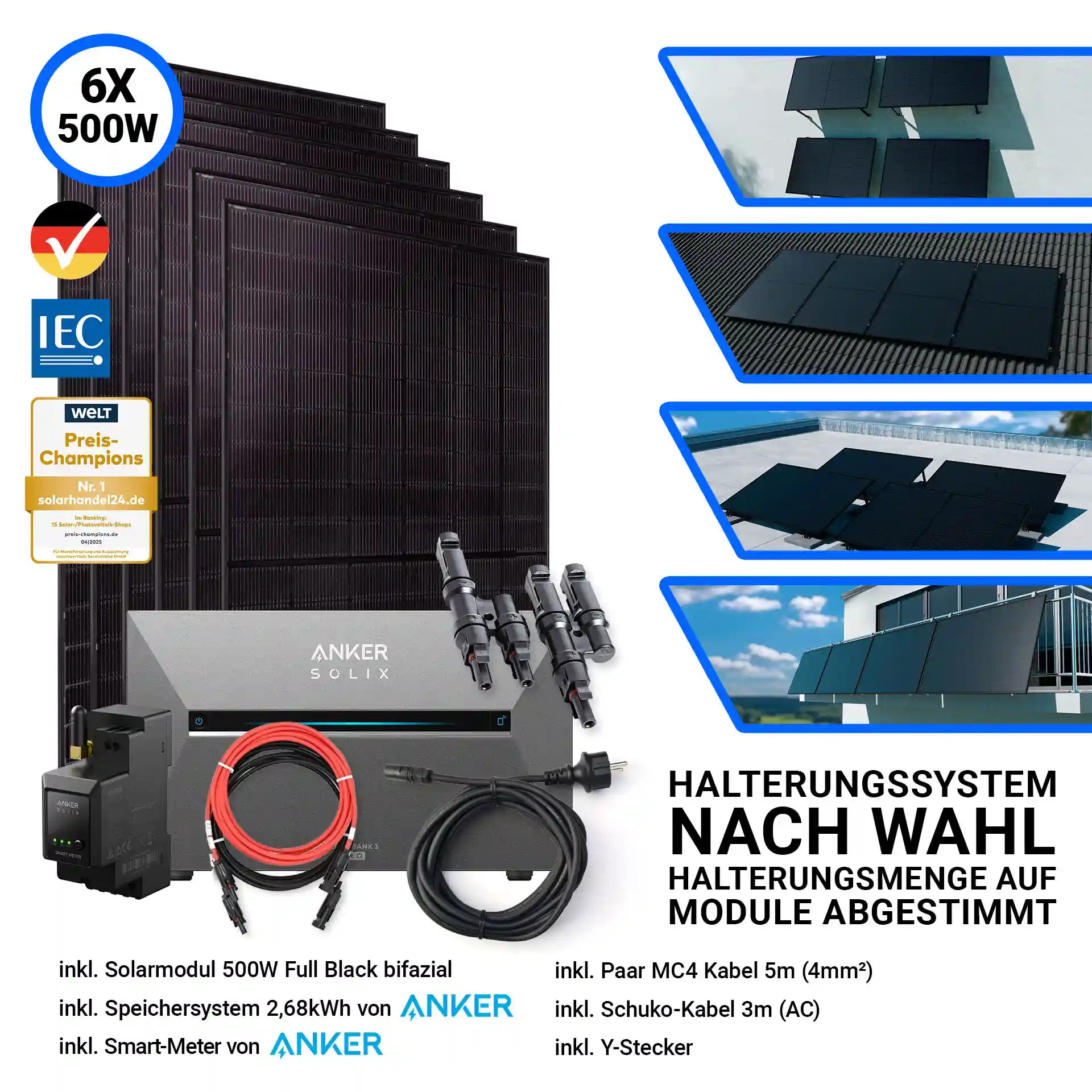 6x Jolywood Solarmodul 500 Watt Halterungssystem nach Wahl Anker Speicher Solix 3 Pro und Kabel 
