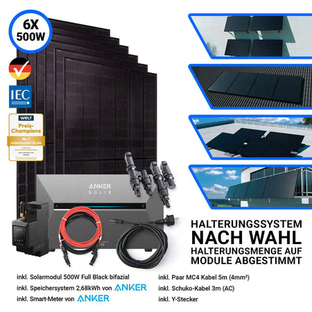 6x Jolywood Solarmodul 500 Watt Halterungssystem nach Wahl Anker Speicher Solix 3 Pro und Kabel 