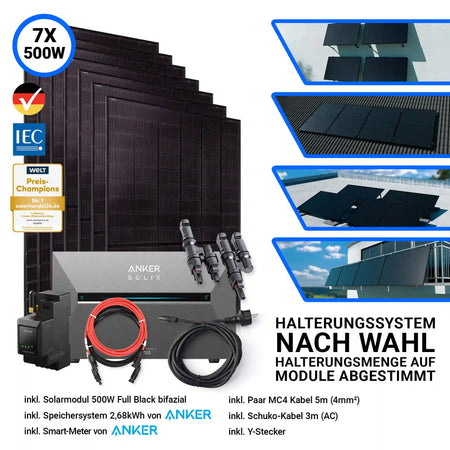 7x Jolywood Solarmodul 500 Watt Halterungssystem nach Wahl Anker Speicher Solix 3 Pro und Kabel 
