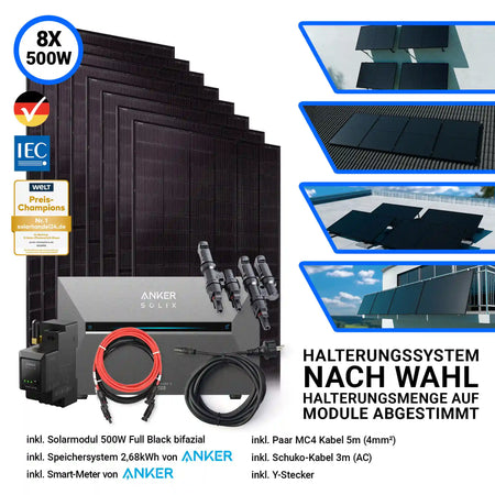 8x Jolywood Solarmodul 500 Watt Halterungssystem nach Wahl Anker Speicher Solix 3 Pro und Kabel 