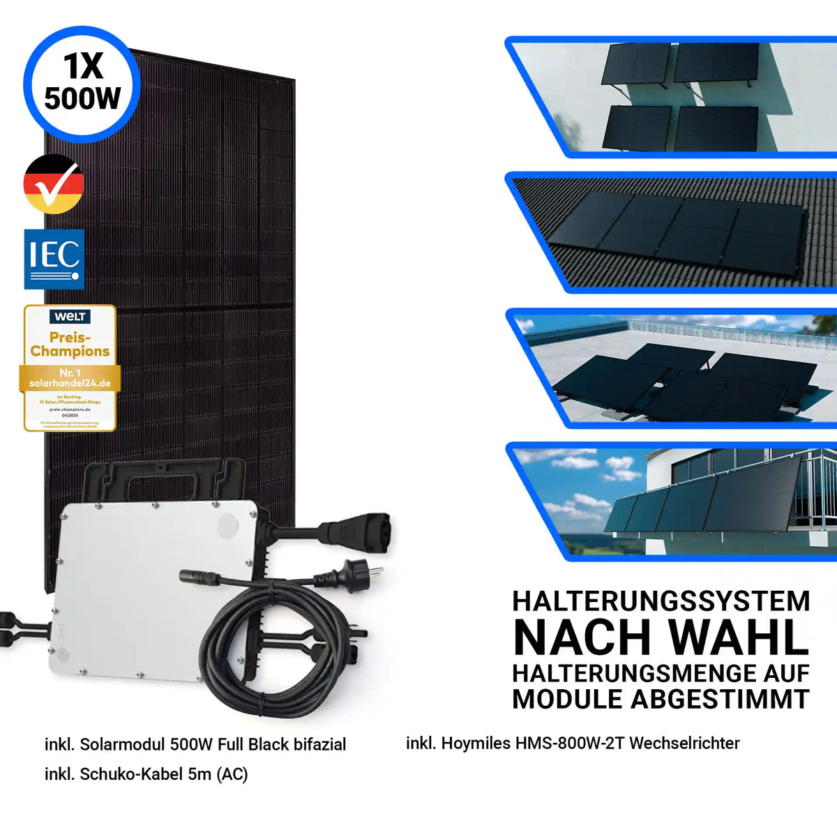 500W Balkonkraftwerk mit 1 Jolywood Solarmodul 500W 1 Anschlusskabel 1 Hoymiles Wechselrichter und Halterungssystem nach Wahl 