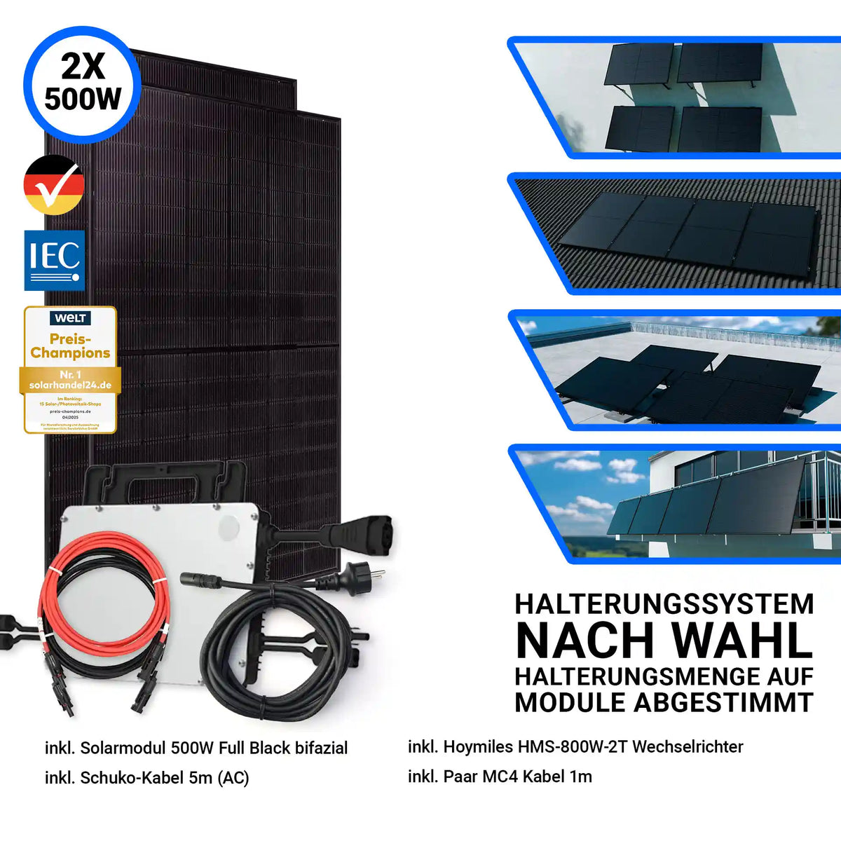 1000W Balkonkraftwerk mit 2 Jolywood Solarmodul 500W 1 Anschlusskabel 1 Hoymiles Wechselrichter und Halterungssystem nach Wahl 