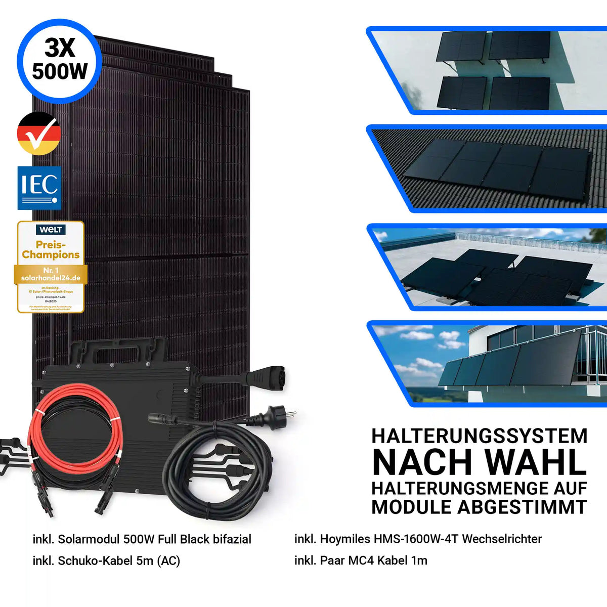 1500W Balkonkraftwerk mit 3 Jolywood Solarmodul 500W 1 Anschlusskabel 1 Hoymiles Wechselrichter und Halterungssystem nach Wahl 