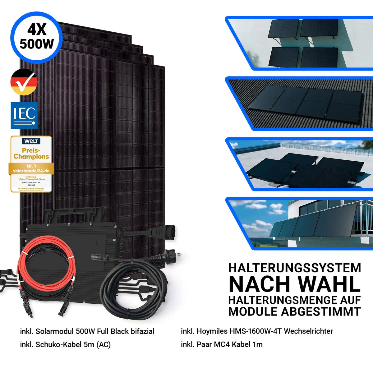 2000W Balkonkraftwerk mit 4 Jolywood Solarmodul 500W 1 Anschlusskabel 1 Hoymiles Wechselrichter und Halterungssystem nach Wahl 