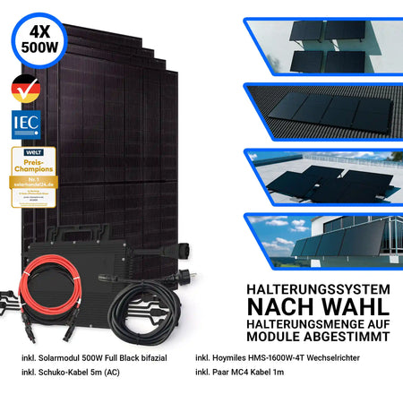 2000W Balkonkraftwerk mit 4 Jolywood Solarmodul 500W 1 Anschlusskabel 1 Hoymiles Wechselrichter und Halterungssystem nach Wahl 