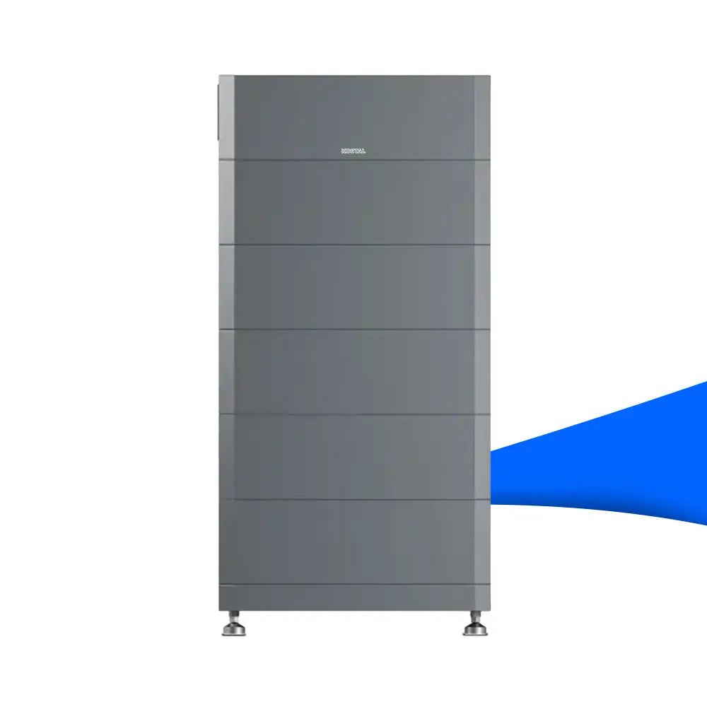 Frontalansicht des modularen KOSTAL HELIVOR HV Batteriespeichers mit 16 kWh Kapazität. Das Gerät ist ein dunkler, anthrazitfarbener Turm, bestehend aus mehreren gestapelten Speichermodulen, der auf vier kleinen Standfüßen steht.