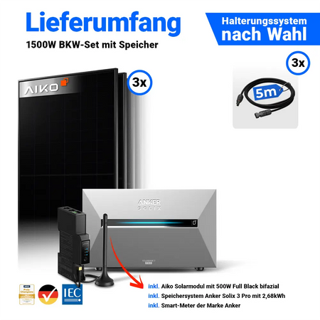Balkonkraftwerk 1500Wp Lieferumfang: 3 AIKO 500W Full Black Module inklusive Anker Solix Solarbank 3 Pro Speicher.