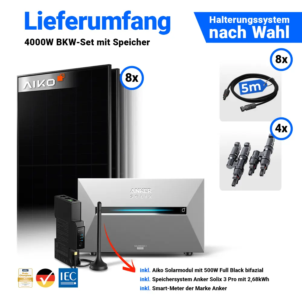 Balkonkraftwerk 4000Wp Lieferumfang: Übersicht der 8x AIKO 500W Full Black Solarmodule & Anker Solix Solarbank 3 Pro.