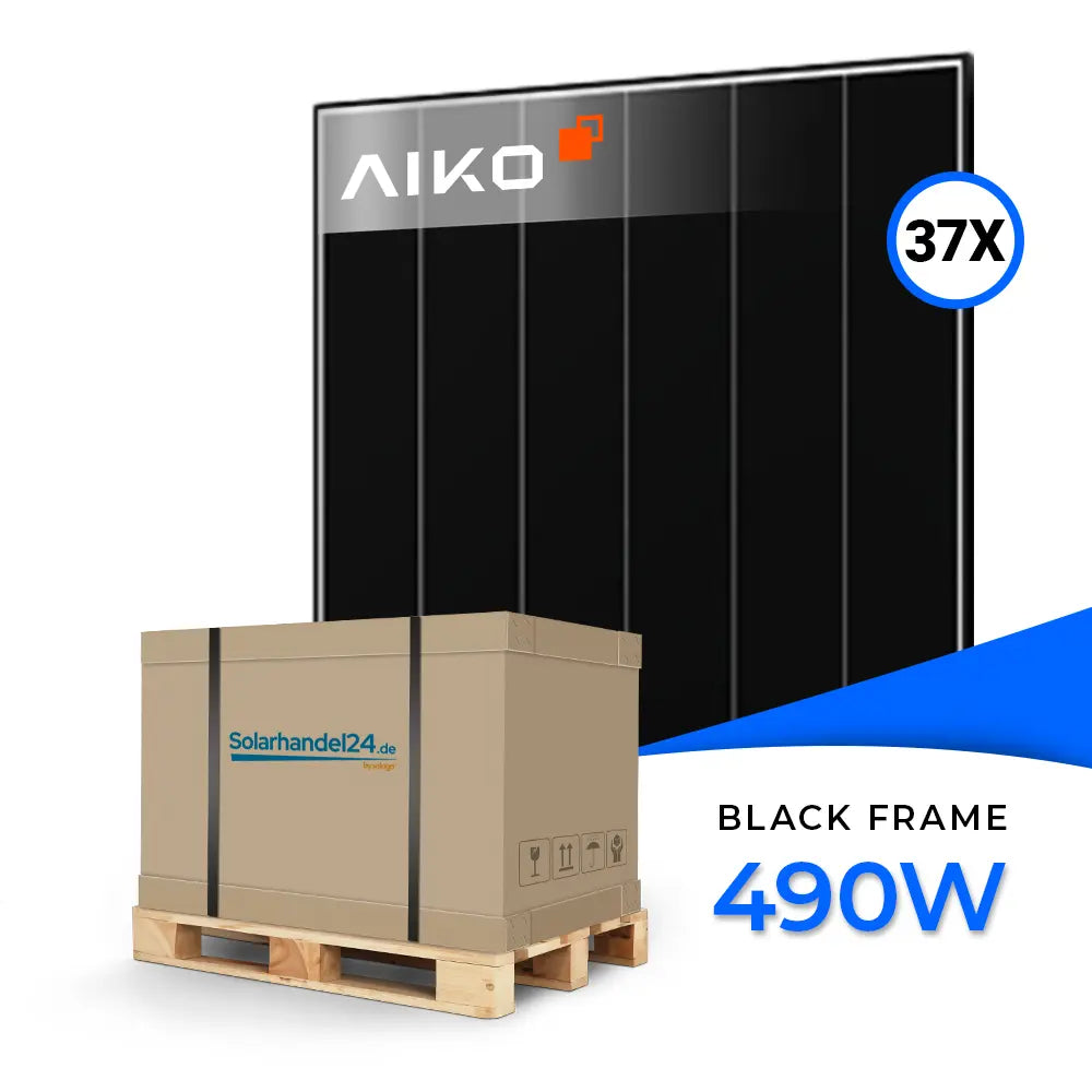 AIKO Solar 490W Black Frame Dual Glass Modul A490-MCE54Dw 3P+54 – Palettenpreis mit 37 Stück, hocheffiziente Photovoltaikmodule mit ABC-Technologie und elegantem schwarzem Rahmen für leistungsstarke Solaranlagen.