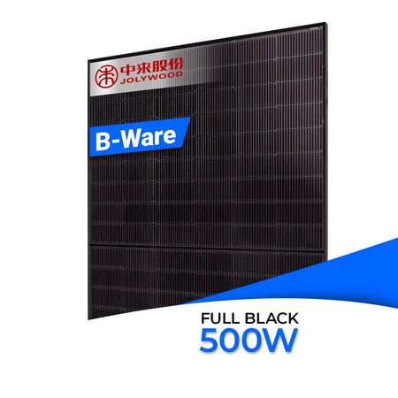 Jolywood JW-HD108N-R2 500W - ein bifaziales N-Typ Glas-Glas-Solarmodul mit 500 WP Leistung in edler Full-Black / Transparent-Black Optik.