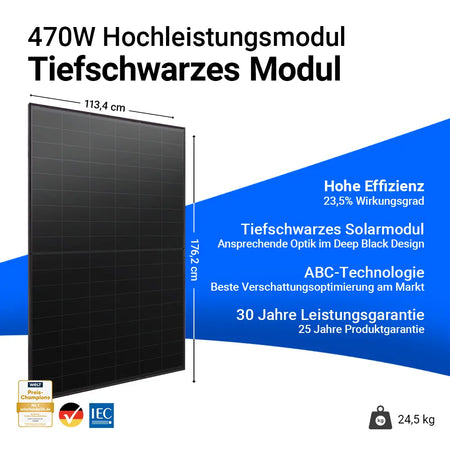 Aiko Solar 470W Dual Glass Full Black Solarmodul AIKO-A470-MCE54Db Neostar 3S+ – Hochleistungsmodul mit 23,5 % Wirkungsgrad, tiefschwarzem Deep Black Design, moderner ABC-Technologie für beste Verschattungsoptimierung, 30 Jahren Leistungsgarantie und 25 Jahren Produktgarantie. Maße 176,2 x 113,4 cm, Gewicht 24,5 kg. Erhältlich bei sh24.
