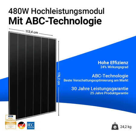 Aiko Solar 480W Glas-Glas Black Frame Solarmodul AIKO-A480-MCE54Dw Neostar 3P+54 – Hochleistungsmodul mit 24 % Wirkungsgrad, moderner ABC-Technologie für beste Verschattungsoptimierung, 30 Jahren Leistungsgarantie und 25 Jahren Produktgarantie. Maße 176,2 x 113,4 cm, Gewicht 24,2 kg. Erhältlich bei sh24.