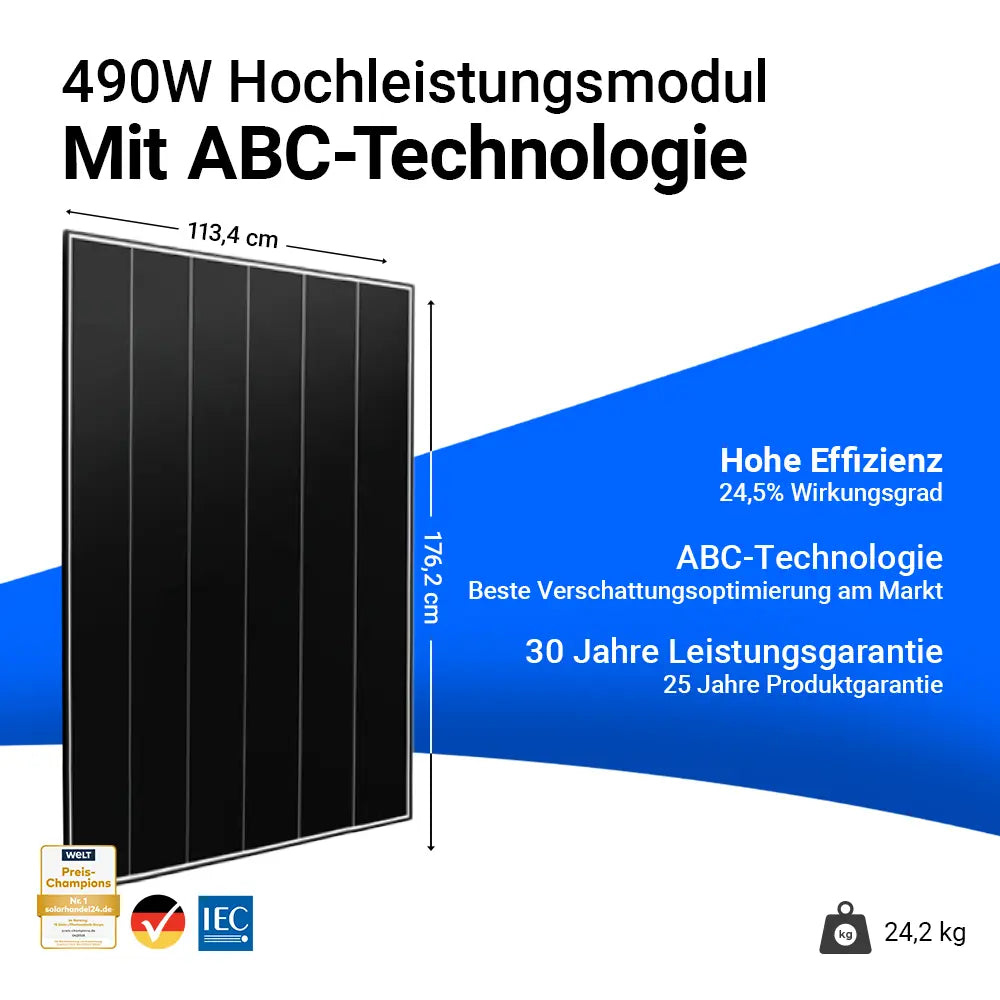 AIKO 490W Hochleistungs-Solarmodul mit ABC-Technologie, 24,5 % Wirkungsgrad, Dual-Glass-Design und 30 Jahre Leistungsgarantie – effizientes PV-Modul für Solarstromanlagen.