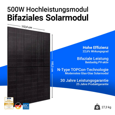 Ja Solar 500W bifaziales Glas-Glas Full Black Solarmodul JAM60D41-LB – Hochleistungsmodul mit 22,6 % Wirkungsgrad, N-Type TOPCon-Technologie, beidseitig PV-aktiv, 30 Jahren Leistungsgarantie und 25 Jahren Produktgarantie. Maße 195,3 x 113,4 cm, Gewicht 27,3 kg. Erhältlich bei sh24.