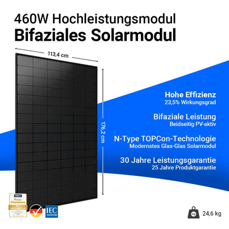 Jolywood 460W bifaziales Glas-Glas Full Black Solarmodul JW-HD96N-R2 – N-Type TOPCon PV-Modul mit 23,5 % Wirkungsgrad und 30 Jahren Leistungsgarantie
