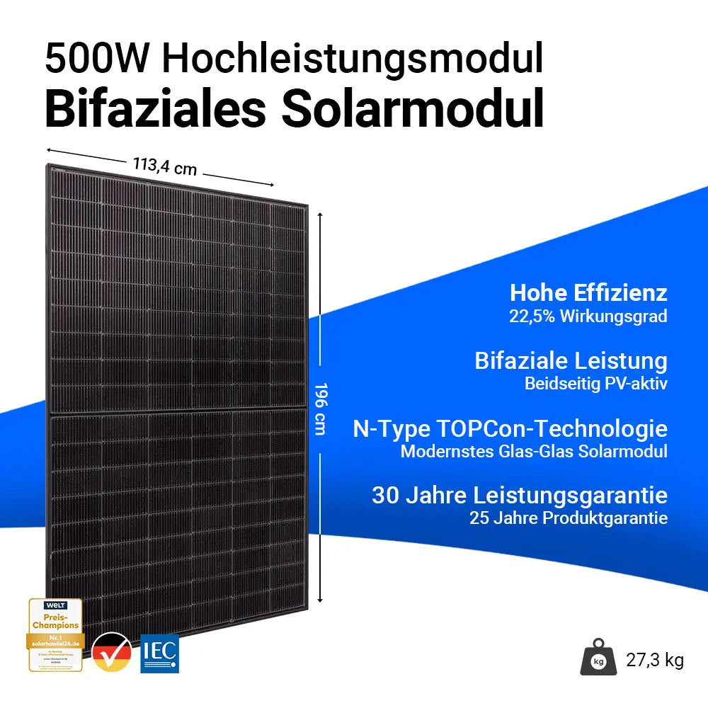 Jolywood 500W bifaziales Hochleistungs-Solarmodul. Schwarzes Glas-Glas-Modul, Maße 196 x 113,4 cm, Gewicht 27,3 kg. Hohe Effizienz mit 22,5 % Wirkungsgrad, bifaziale Leistung durch beidseitige PV-Aktivität, ausgestattet mit moderner N-Type TOPCon-Technologie. 30 Jahre Leistungsgarantie und 25 Jahre Produktgarantie.