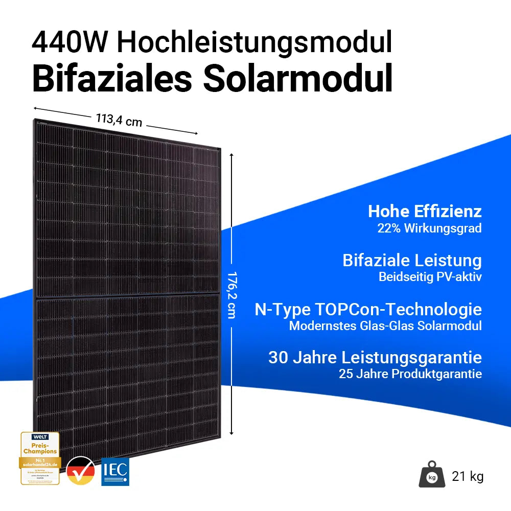 Trina Vertex S+ 440W bifaziales Glas-Glas Full Black Solarmodul TSM-NEG9RC.27 – Hochleistungsmodul mit 22 % Wirkungsgrad, N-Type TOPCon-Technologie, 30 Jahren Leistungsgarantie und 25 Jahren Produktgarantie. Maße 176,2 x 113,4 cm, Gewicht 21 kg. Erhältlich bei sh24.