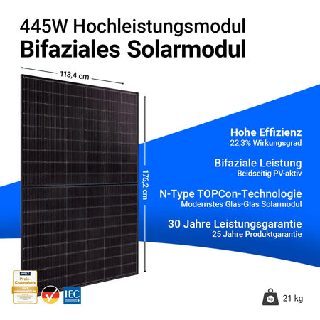 Trina Vertex bifaziales Solarmodul mit 445 Watt Leistung. Schwarzes Glas-Glas-Modul, Maße 176,2 x 113,4 cm, Gewicht 21 kg. Hohe Effizienz mit 22,3 % Wirkungsgrad, bifaziale Leistung durch beidseitige PV-Aktivität, N-Type TOPCon-Technologie. 30 Jahre Leistungsgarantie und 25 Jahre Produktgarantie.