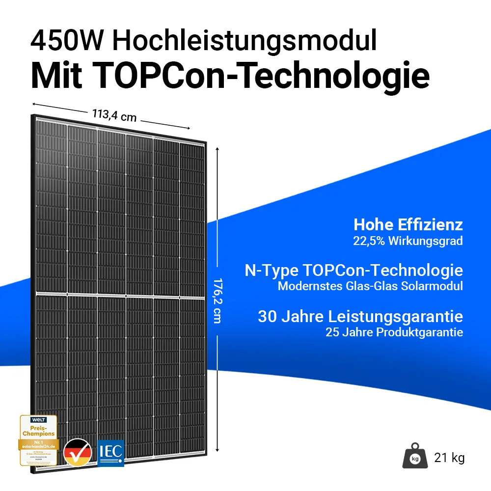 Trina Vertex S+ 450W Glas-Glas Solarmodul mit N-Type TOPCon-Technologie – Hochleistungsmodul mit 22,5 % Wirkungsgrad, 30 Jahren Leistungsgarantie und 25 Jahren Produktgarantie. Maße 176,2 x 113,4 cm, Gewicht 21 kg. Erhältlich bei sh24.