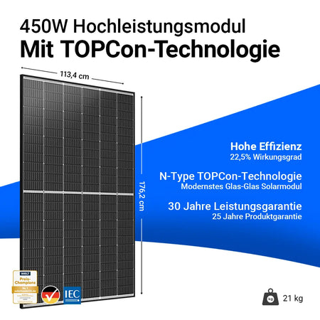 Trina Vertex S+ 450W Glas-Glas Solarmodul mit N-Type TOPCon-Technologie – Hochleistungsmodul mit 22,5 % Wirkungsgrad, 30 Jahren Leistungsgarantie und 25 Jahren Produktgarantie. Maße 176,2 x 113,4 cm, Gewicht 21 kg. Erhältlich bei sh24.