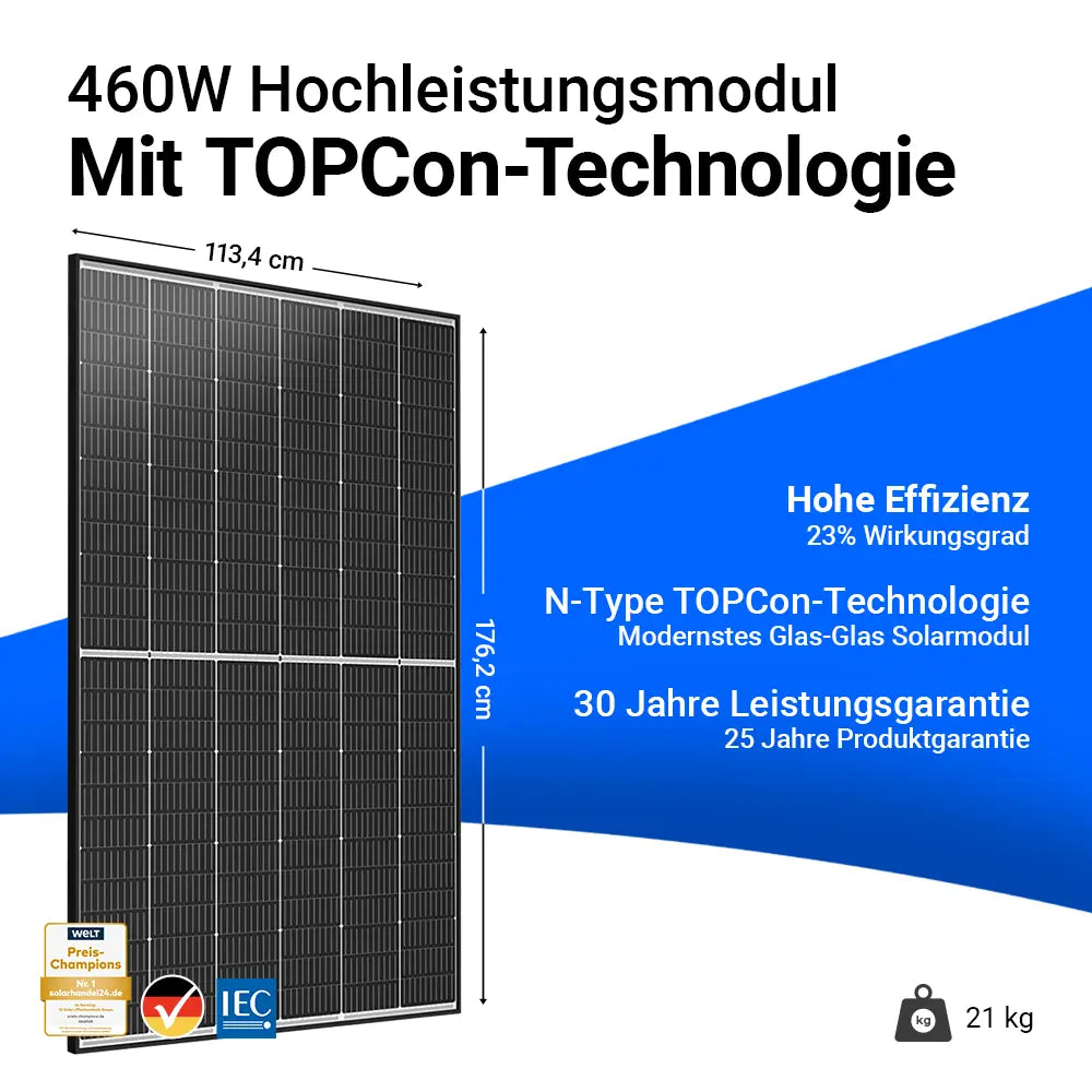 Trina Vertex S+ 460W Solarmodul Black Frame bifazial mit TOPCon-Technologie, 23 % Wirkungsgrad, modernstes Glas-Glas-Design, 30 Jahre Leistungsgarantie und 25 Jahre Produktgarantie. Maße 176,2 x 113,4 cm, Gewicht 21 kg. Erhältlich bei sh24.