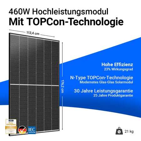 Trina Vertex S+ 460W Solarmodul Black Frame bifazial mit TOPCon-Technologie, 23 % Wirkungsgrad, modernstes Glas-Glas-Design, 30 Jahre Leistungsgarantie und 25 Jahre Produktgarantie. Maße 176,2 x 113,4 cm, Gewicht 21 kg. Erhältlich bei sh24.
