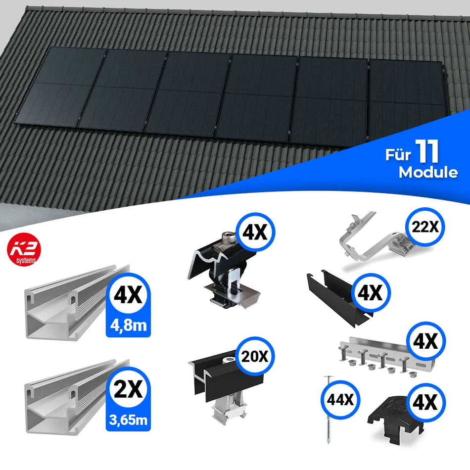 Montageset von K2 Systems für die vertikale Befestigung von Solarmodulen auf Schrägdächern. Beinhaltet Schienen, Dachhaken, Klemmen, Abdeckleisten, Schrauben und weiteres Zubehör für eine stabile und langlebige Montage von elf PV-Modulen.