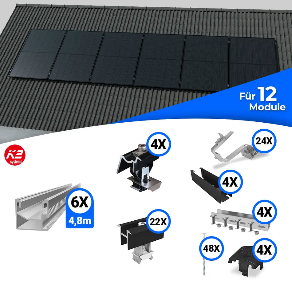 Montageset von K2 Systems für die vertikale Befestigung von Solarmodulen auf Schrägdächern. Enthält Schienen, Dachhaken, Klemmen, Abdeckleisten, Schrauben und weiteres Zubehör für eine sichere und langlebige Montage von zwölf PV-Modulen.