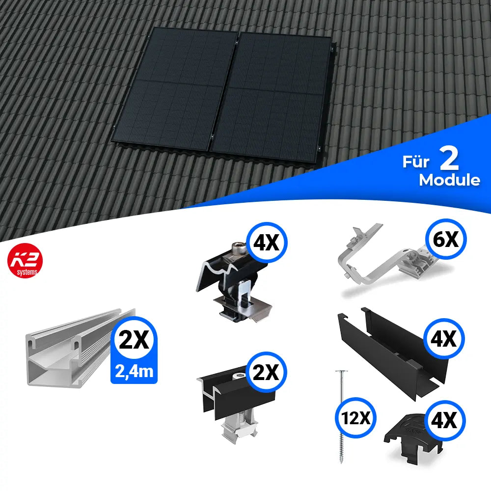 Montageset von K2 Systems für die vertikale Befestigung von Solarmodulen auf Schrägdächern. Enthält Schienen, Dachhaken, Klemmen, Abdeckleisten, Schrauben und weiteres Zubehör für eine stabile und langlebige Montage.