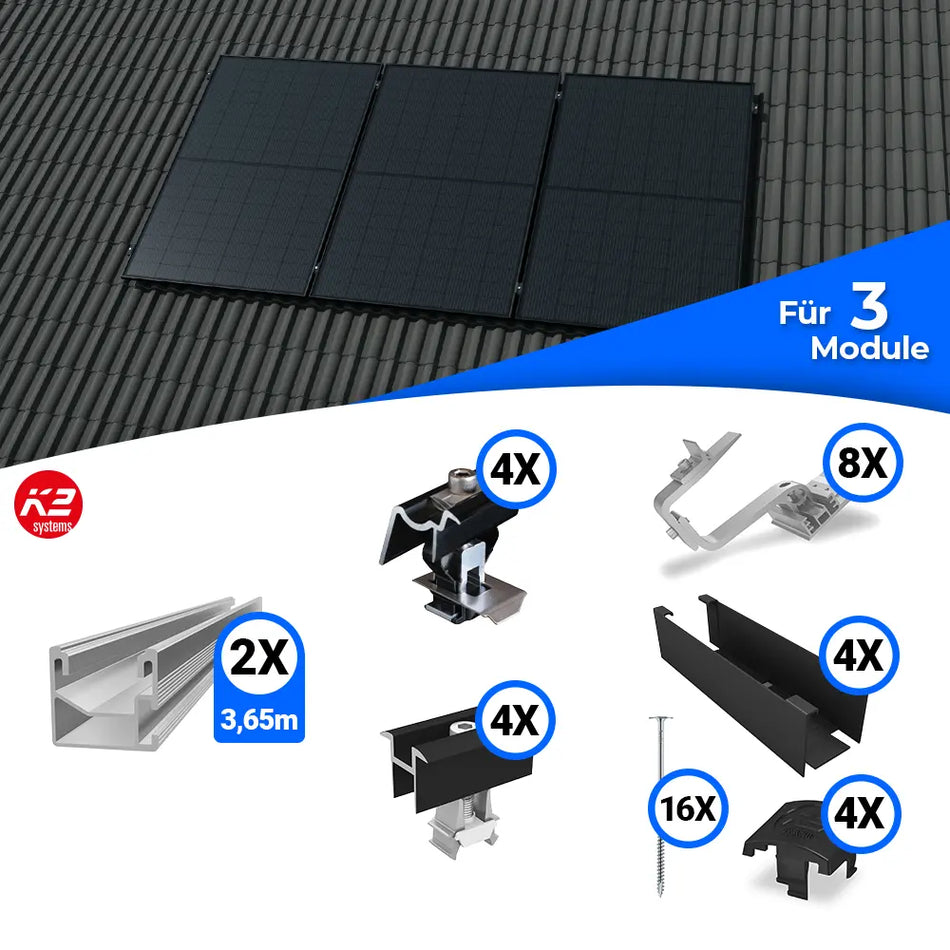 Montageset von K2 Systems für die vertikale Befestigung von Solarmodulen auf Schrägdächern. Enthält Schienen, Dachhaken, Klemmen, Abdeckleisten, Schrauben und weiteres Zubehör für eine sichere und langlebige Montage von drei PV-Modulen.