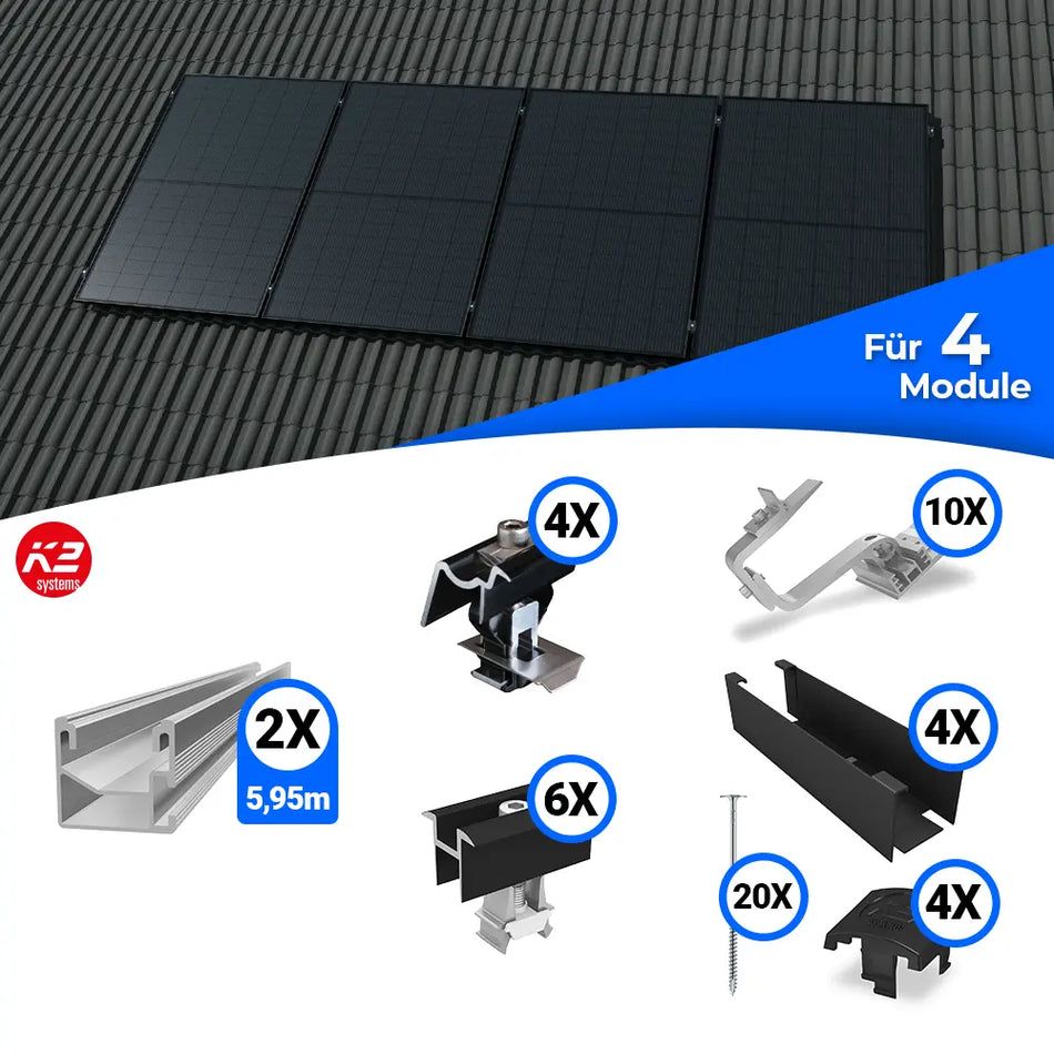 Montageset von K2 Systems für die vertikale Befestigung von Solarmodulen auf Schrägdächern. Enthält Schienen, Dachhaken, Klemmen, Abdeckleisten, Schrauben und weiteres Zubehör für eine sichere und langlebige Montage von vier PV-Modulen.