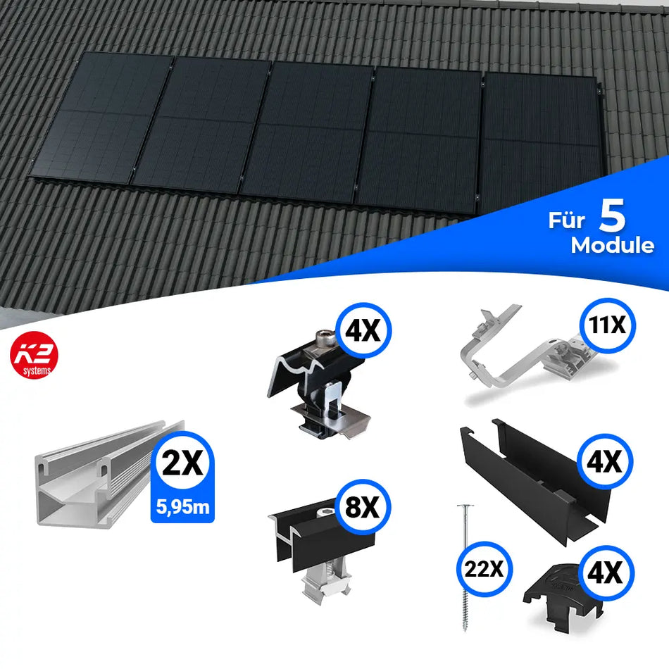 Montageset von K2 Systems für die vertikale Befestigung von Solarmodulen auf Schrägdächern. Beinhaltet Schienen, Dachhaken, Klemmen, Abdeckleisten, Schrauben und weiteres Zubehör für eine sichere und langlebige Montage von fünf PV-Modulen.