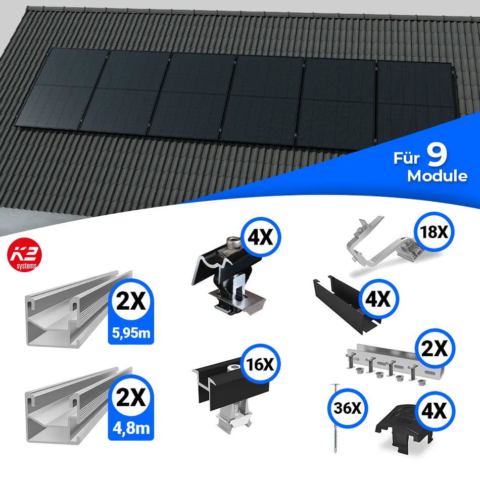 Montageset von K2 Systems für die vertikale Befestigung von Solarmodulen auf Schrägdächern. Beinhaltet Schienen, Dachhaken, Klemmen, Abdeckleisten, Schrauben und weiteres Zubehör für eine sichere und langlebige Montage von neun PV-Modulen.