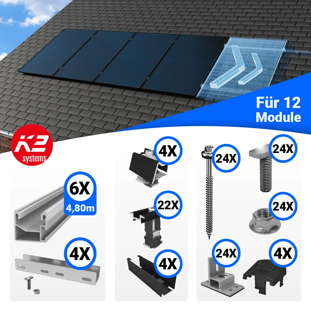 K2 Montagesystem Hochkant Bitumen für 12 Solarpanels