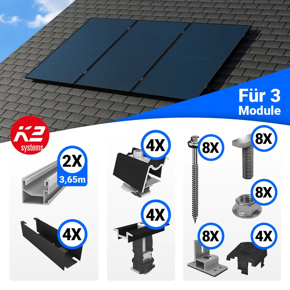 K2 Befestigungsset Hochkantmontage 3 Photovoltaik Module Bitumen