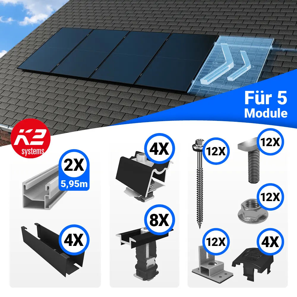 Montageset Bitumen K2 für 5 Solarpanels in Hochkant-Ausrichtung