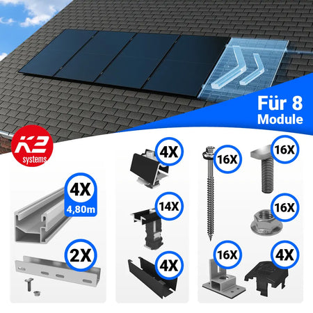 K2 Dachbefestigung für 8 Solarmodule Hochformat auf Bitumendächern